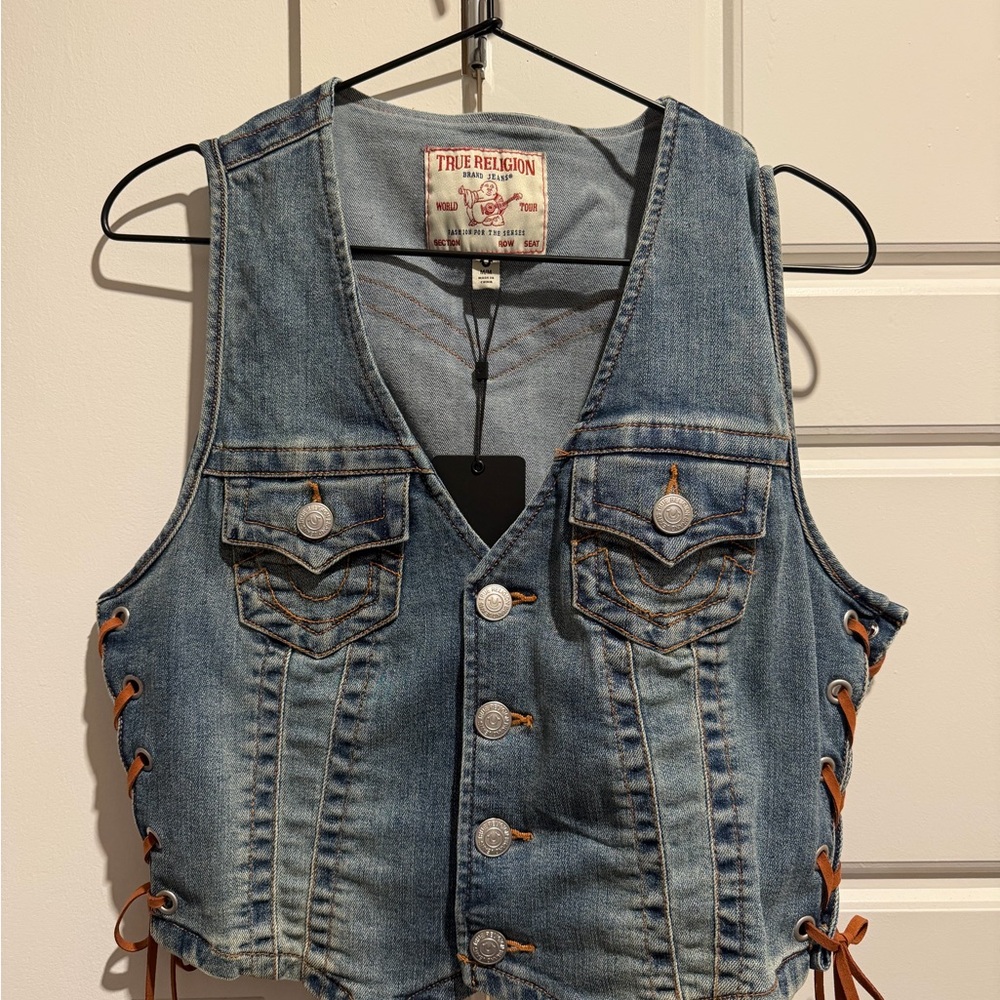True Religion Distressed Denim Vest with Lace-Up Sides - Blue Wash